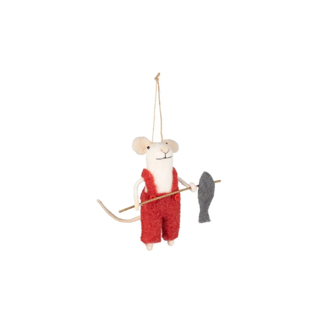 Felt Mouse with Fishing Pole and Wood Ornament