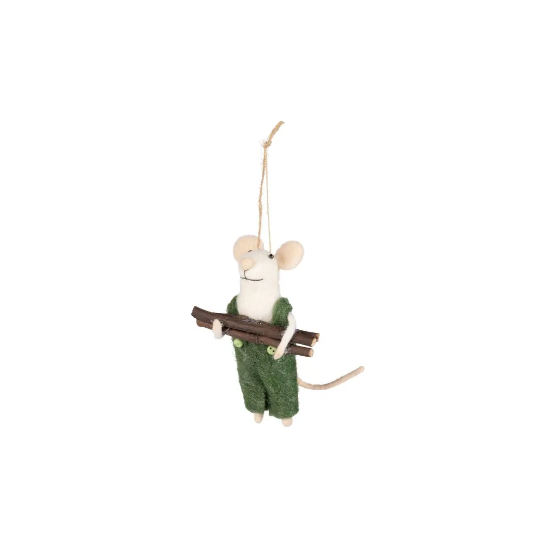 Felt Mouse with Fishing Pole and Wood Ornament