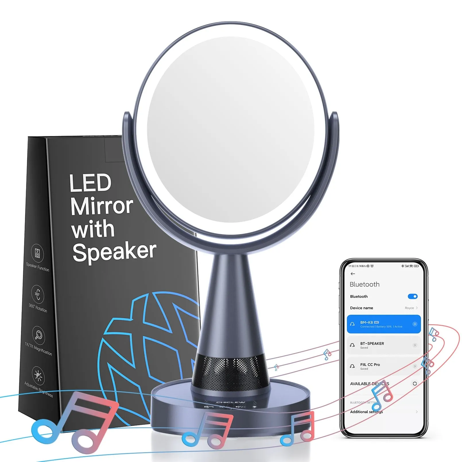 LED Bluetooth Vanity Mirror with Speaker Rechargeable Battery