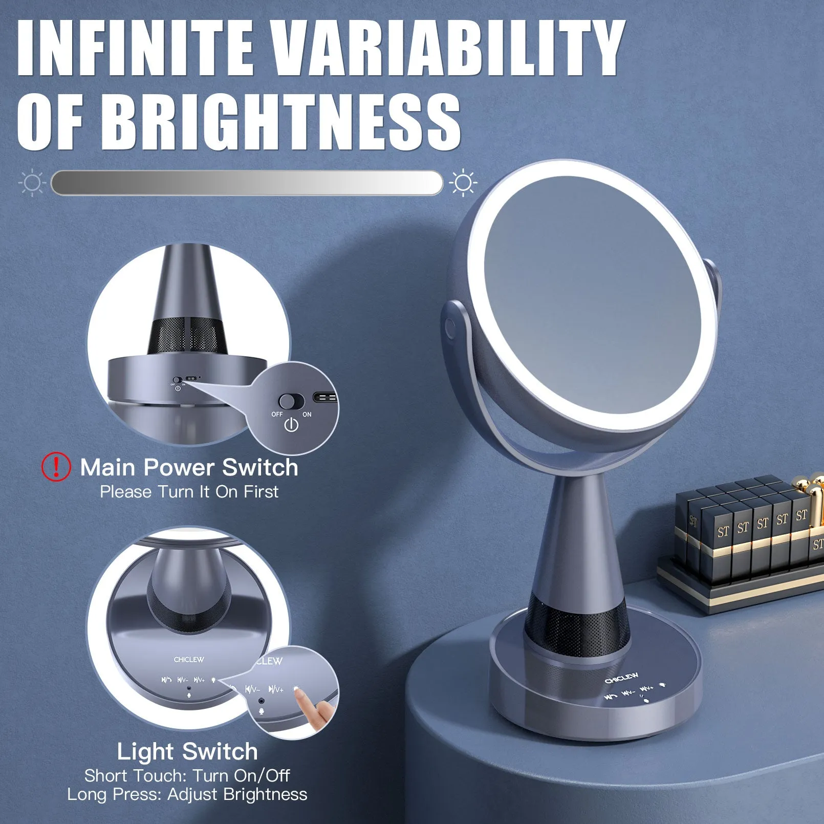 LED Bluetooth Vanity Mirror with Speaker Rechargeable Battery